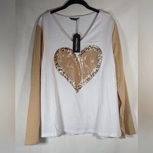 Noracora Heavy Cotton Bend V-Neck Long Sleeve Shirt With Heart Transfer Size XXL